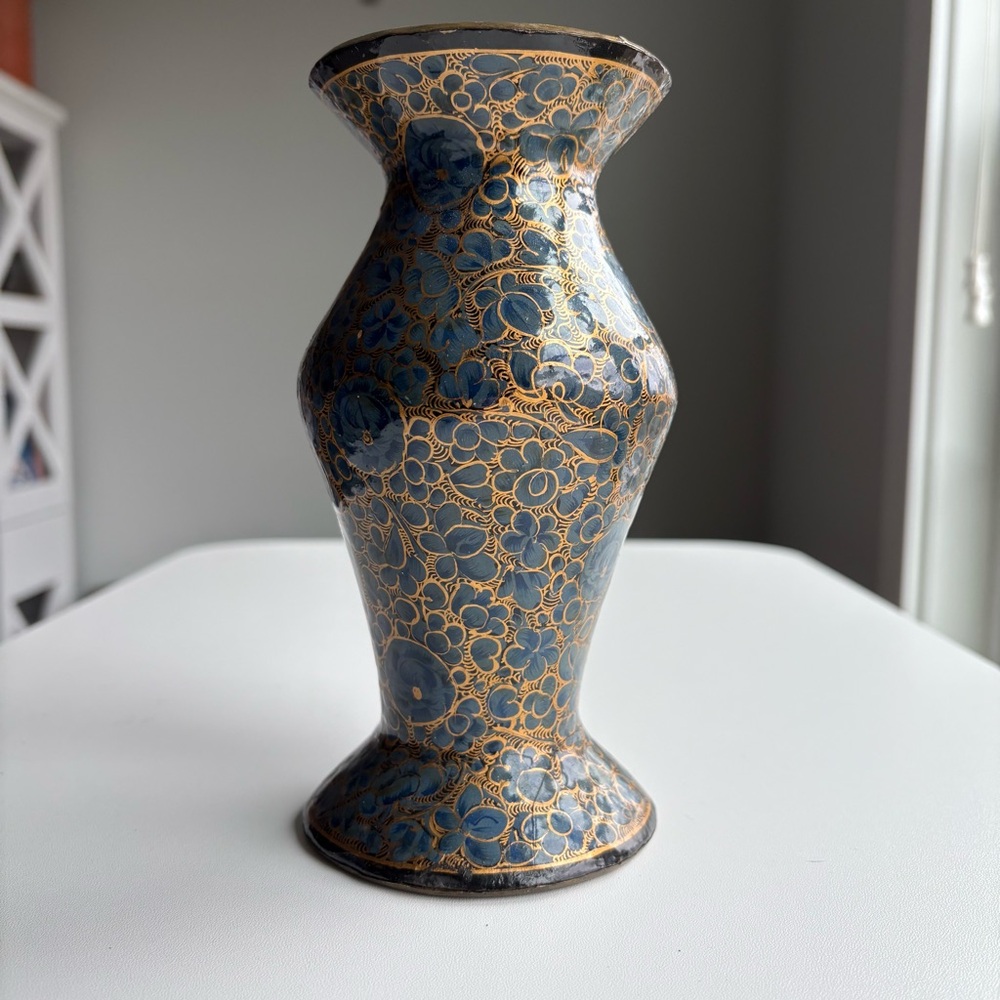 Blue and Gold Floral Cloisonne Wood Decorative Vase
